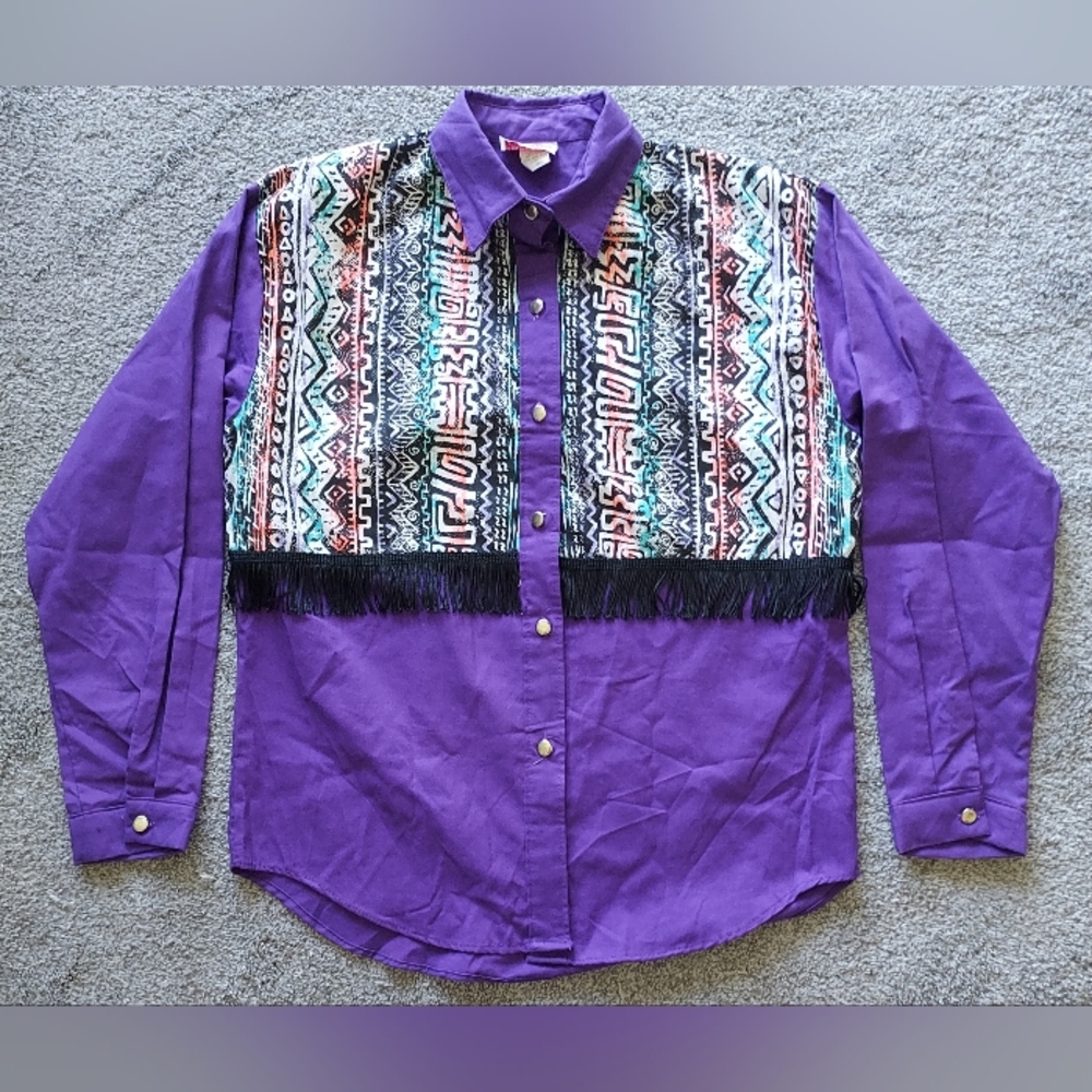 Vintage Wagon Wheels Western Shirt Womens Neon Print Purple Fringe Large Medium